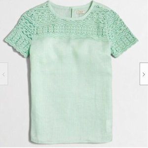 J.Crew Pink Pure Linen + Cotton Crochet Lace Yoke Short Sleeve Blouse